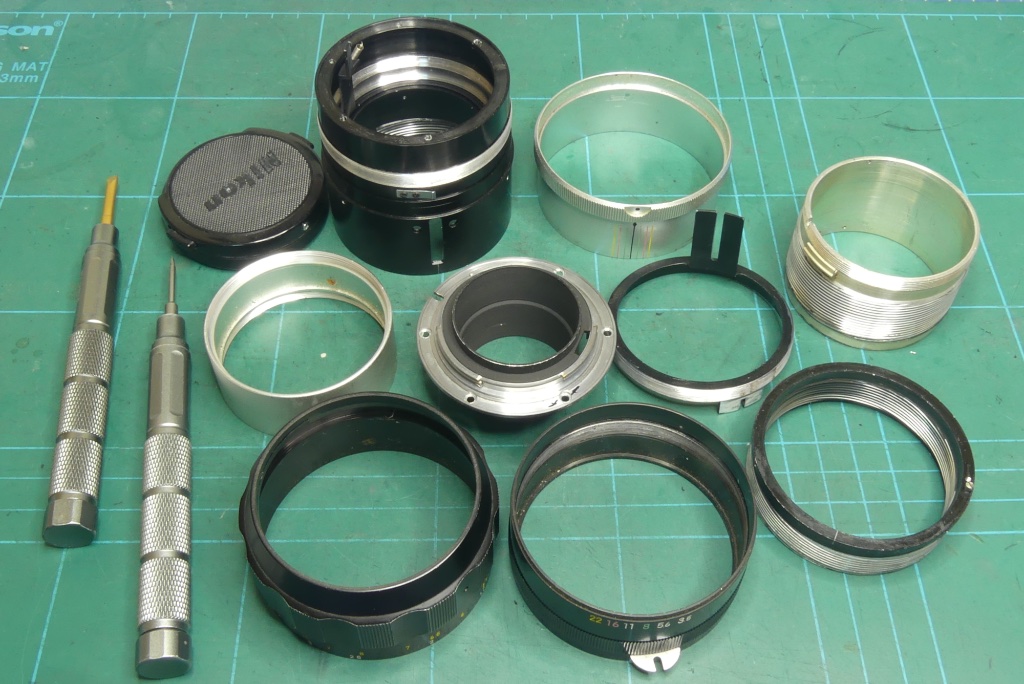 The Nikkor-Q 135mm f3.5 Non-AI lens stripped down for servicing